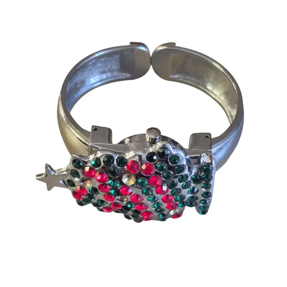 Nurmi Christmas tree Cuff watch Festive Unique‎ retro chic Hinged Holiday Rare